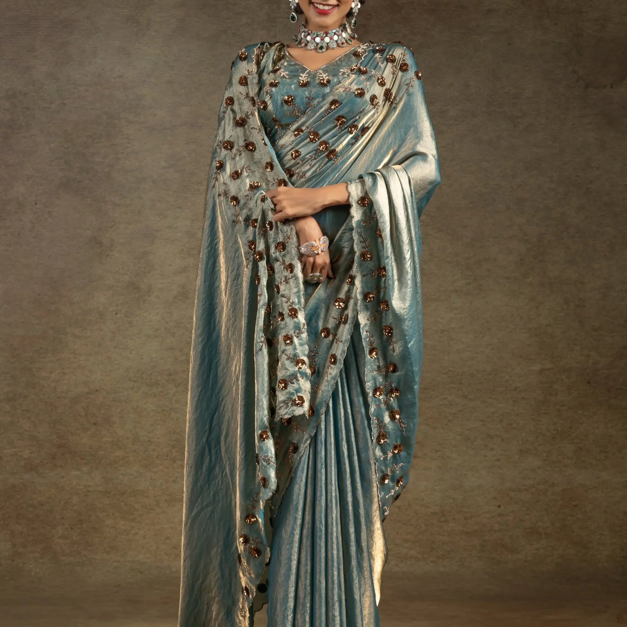 Enchanting Blue Jarkan Work Satin Party Wear Saree - Zeel Clothing