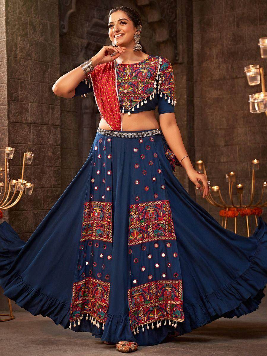 Enchanting Blue Mirror Work Rayon Traditional Lehenga Choli - Zeel Clothing