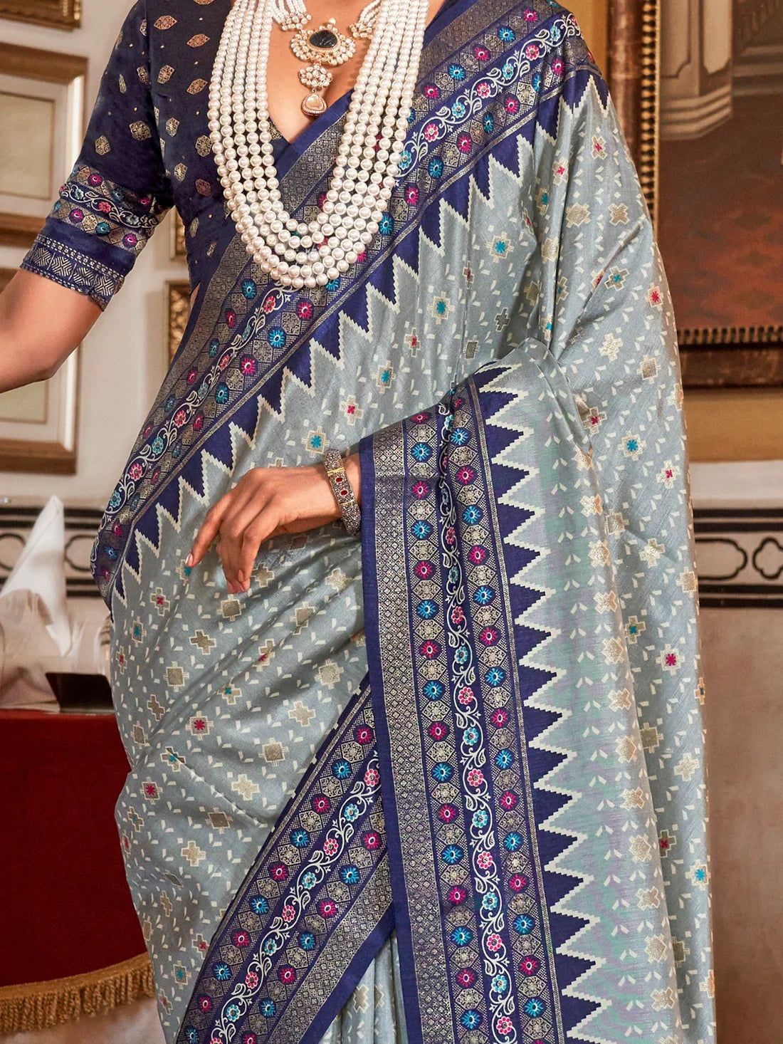 Enchanting Blue Printed Silk Festival Wear Saree With Blouse - Zeel Clothing