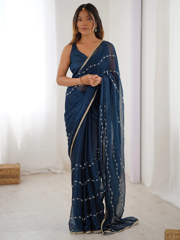 Enchanting Blue Sequins Chiffon Reception Wear Saree With Blouse - Zeel Clothing