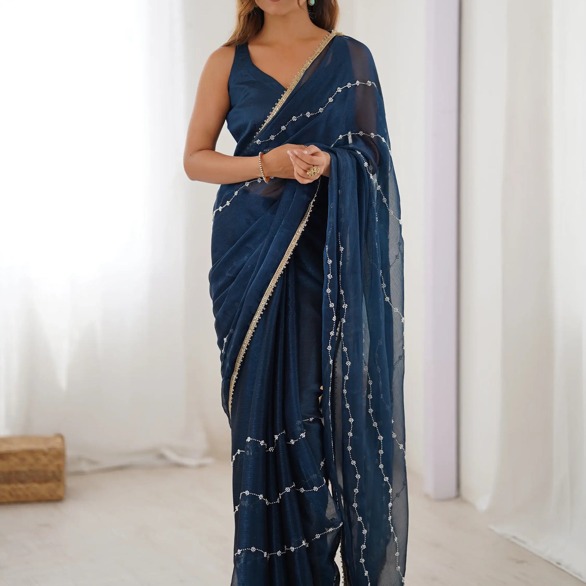 Enchanting Blue Sequins Chiffon Reception Wear Saree With Blouse - Zeel Clothing