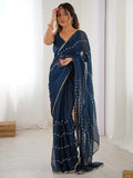 Enchanting Blue Sequins Chiffon Reception Wear Saree With Blouse - Zeel Clothing