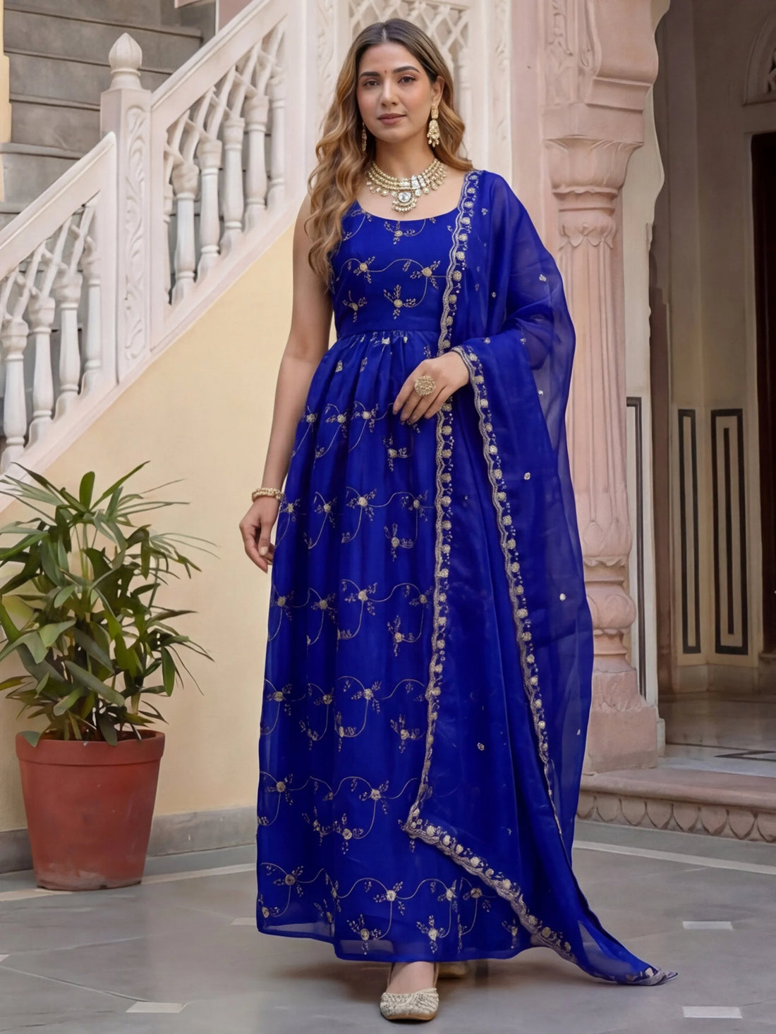 Enchanting Blue Thread Embroidery Work Silk Festive Wear Gown