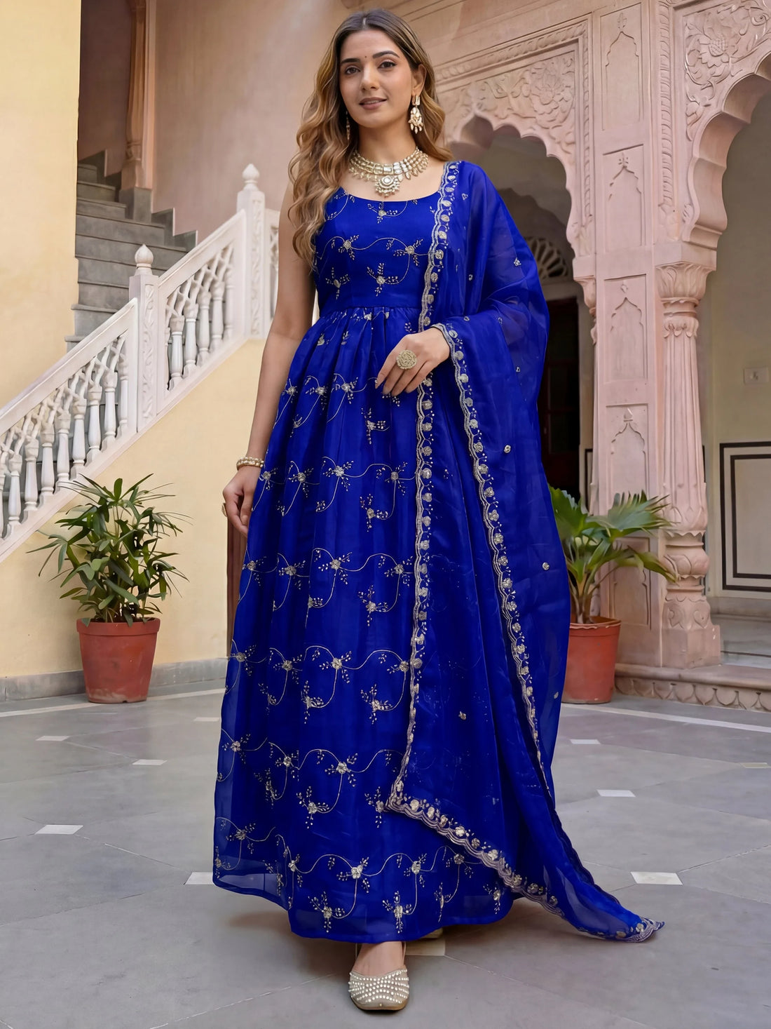Enchanting Blue Thread Embroidery Work Silk Festive Wear Gown