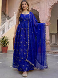 Enchanting Blue Thread Embroidery Work Silk Festive Wear Gown