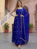 Enchanting Blue Thread Embroidery Work Silk Festive Wear Gown
