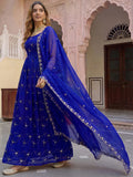 Enchanting Blue Thread Embroidery Work Silk Festive Wear Gown