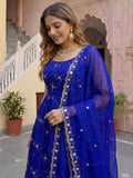 Enchanting Blue Thread Embroidery Work Silk Festive Wear Gown