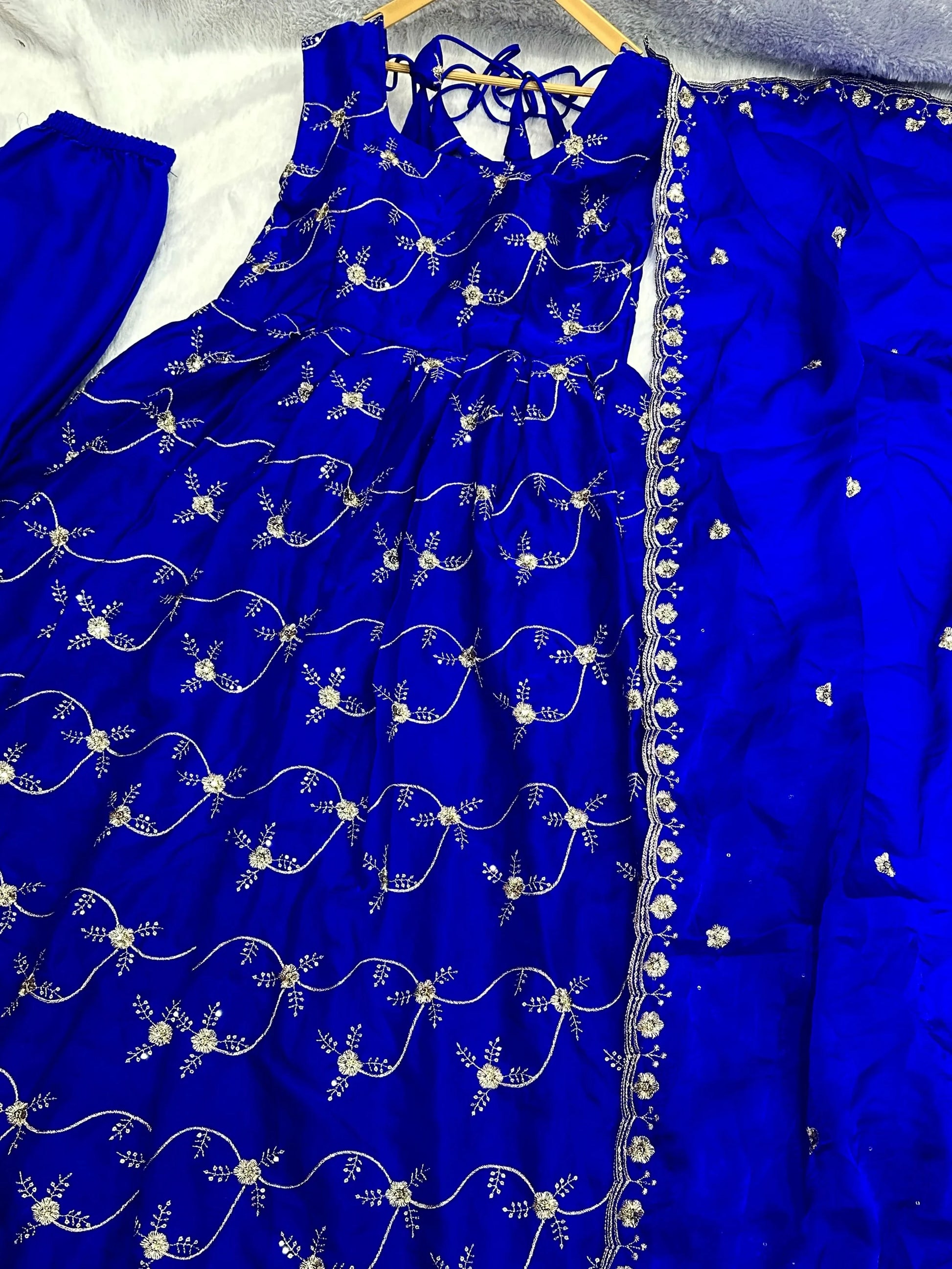 Enchanting Blue Thread Embroidery Work Silk Festive Wear Gown