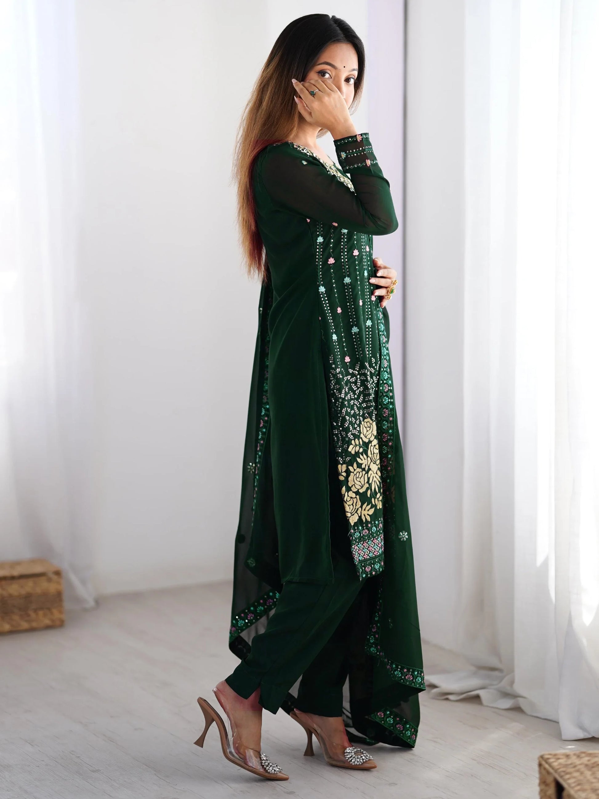 Enchanting Bottle Green Georgette Thread Work Mehendi Wear Pant Suit - Zeel Clothing