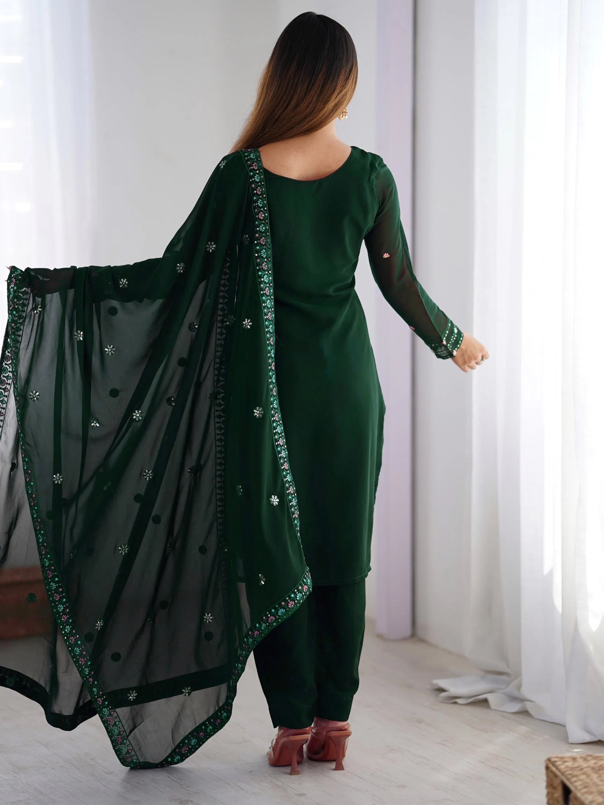 Enchanting Bottle Green Georgette Thread Work Mehendi Wear Pant Suit - Zeel Clothing