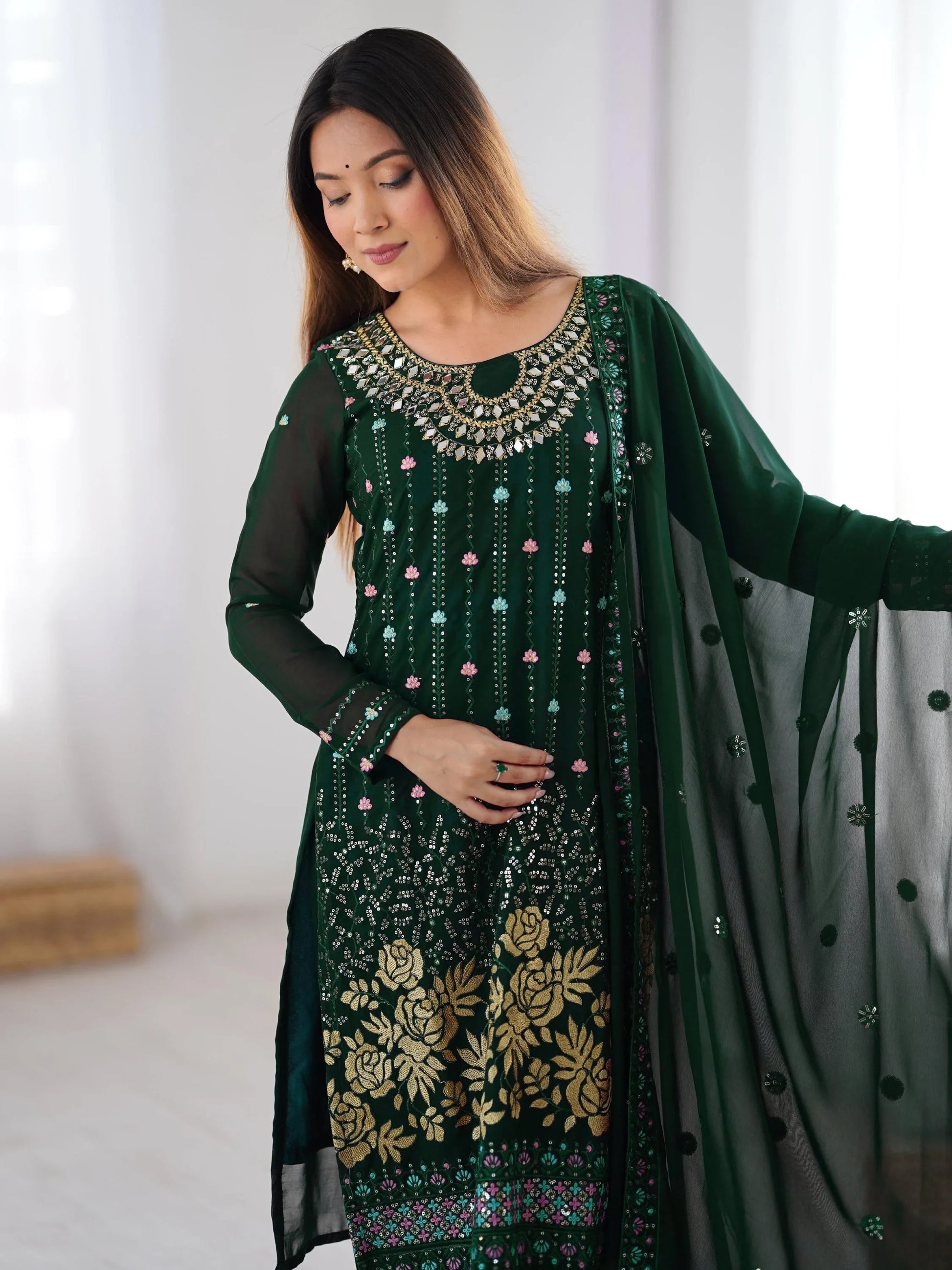 Enchanting Bottle Green Georgette Thread Work Mehendi Wear Pant Suit - Zeel Clothing
