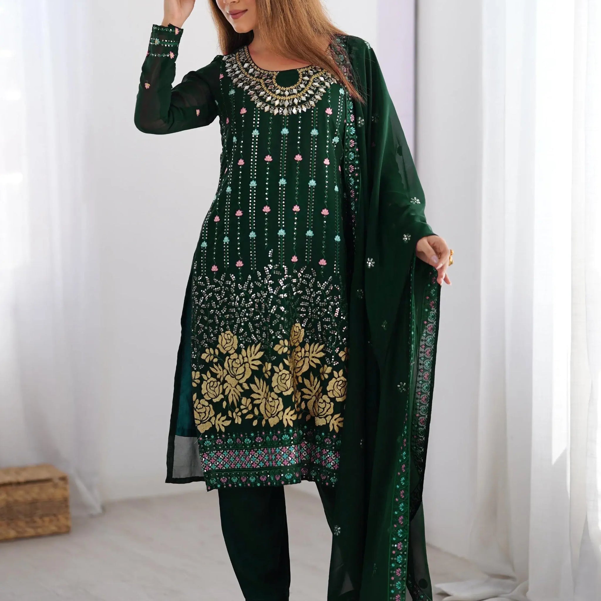 Enchanting Bottle Green Georgette Thread Work Mehendi Wear Pant Suit - Zeel Clothing