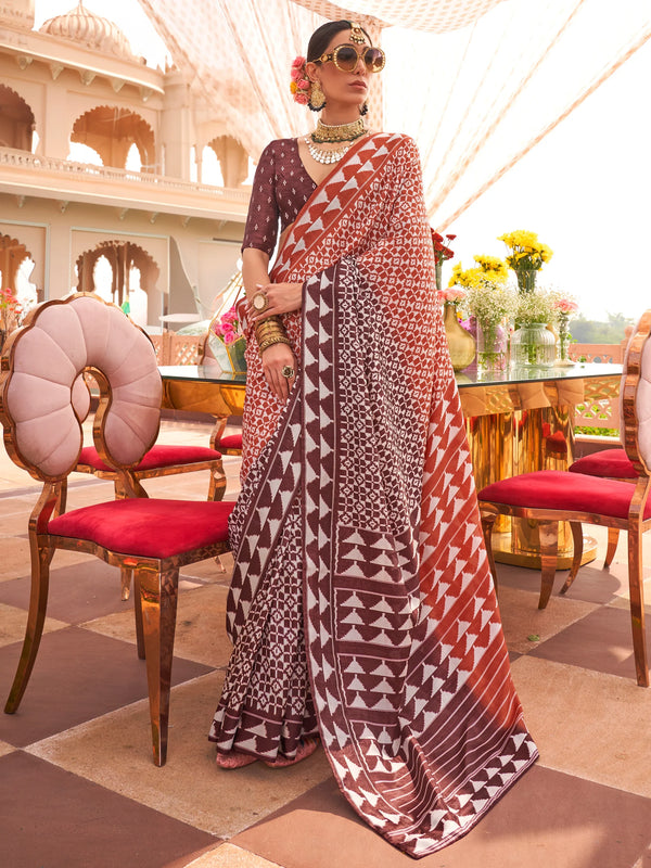 Enchanting Brown Digital Printed Silk Event Wear Saree With Blouse - Zeel Clothing