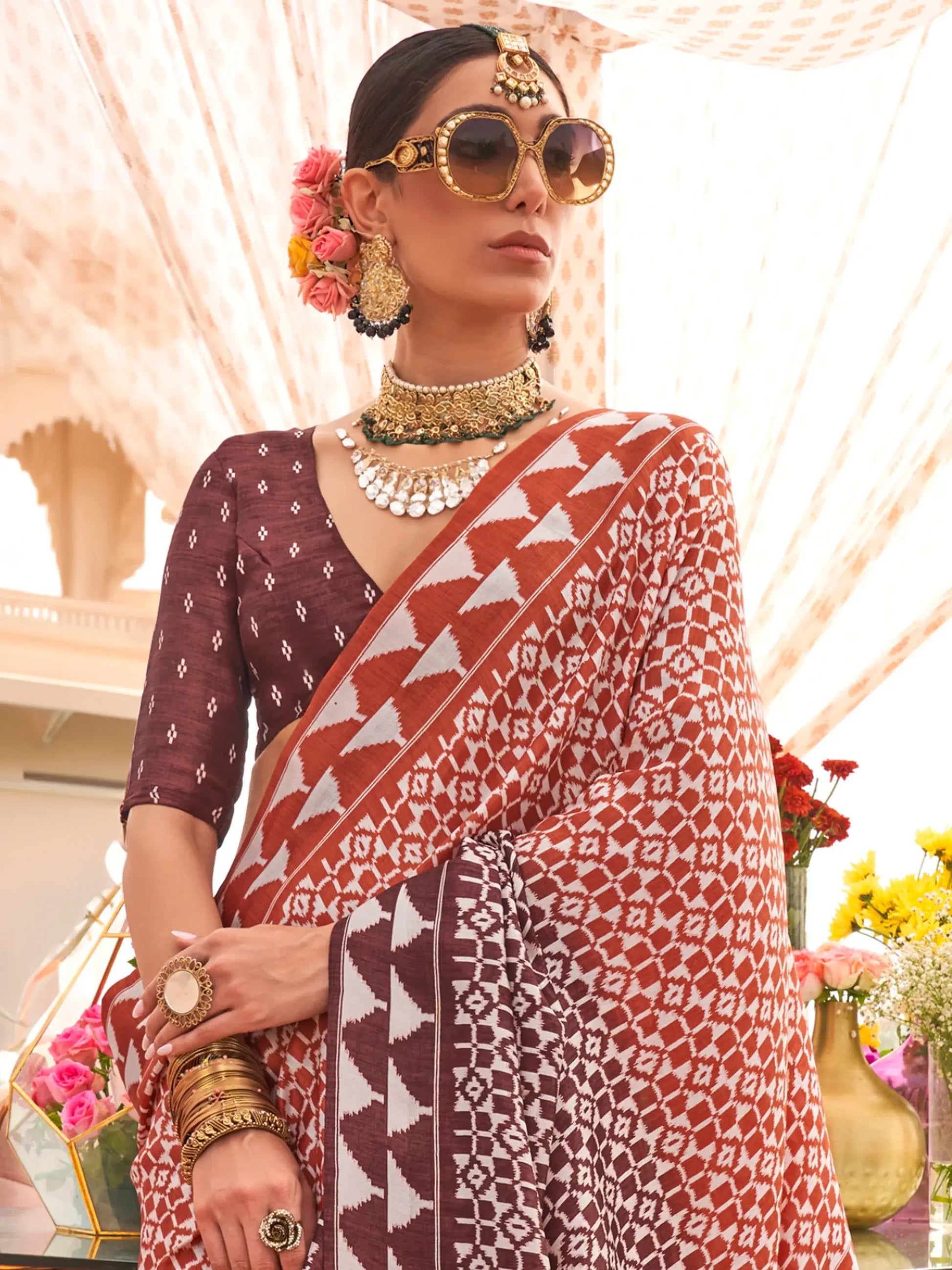Enchanting Brown Digital Printed Silk Event Wear Saree With Blouse - Zeel Clothing