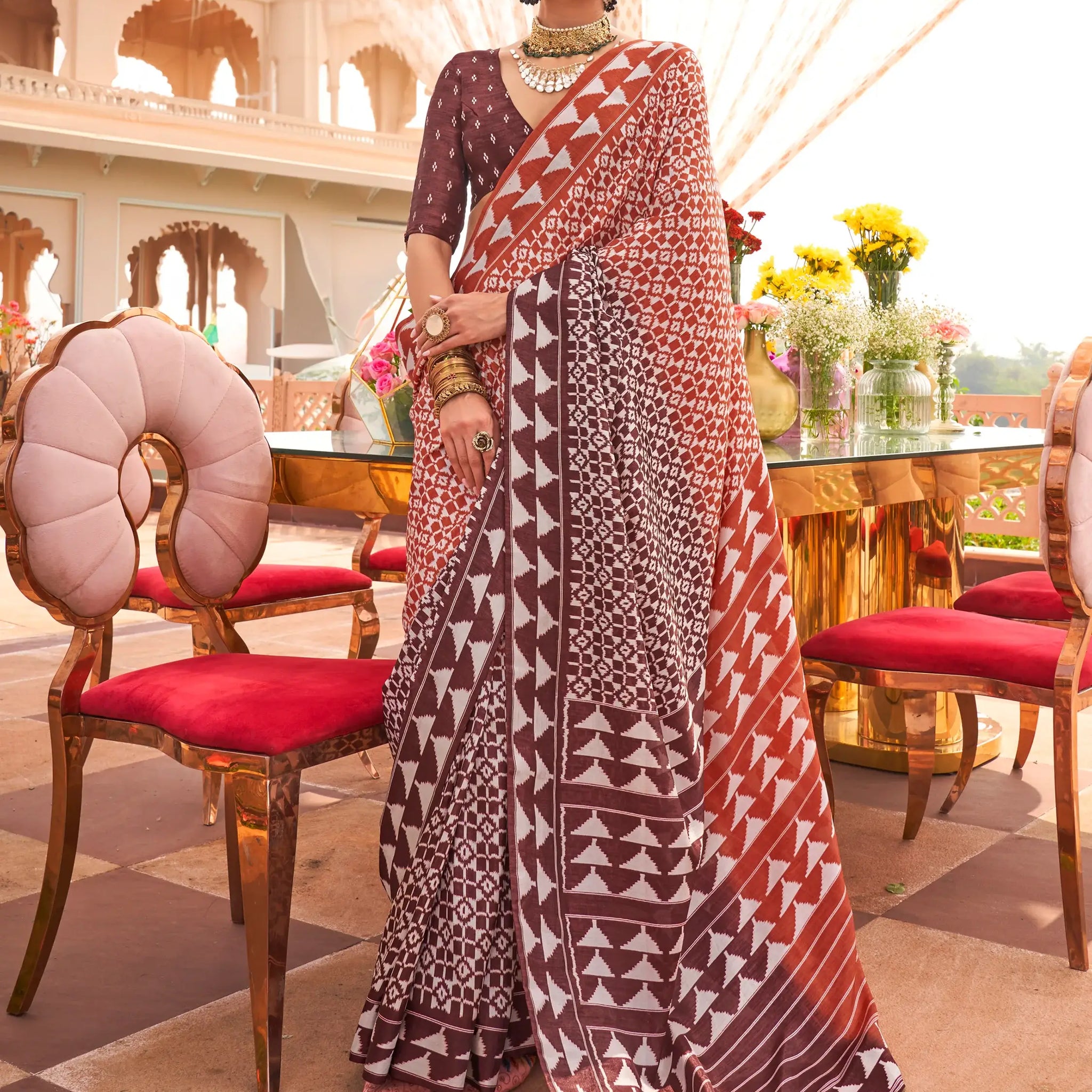Enchanting Brown Digital Printed Silk Event Wear Saree With Blouse - Zeel Clothing