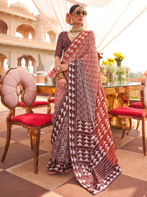 Enchanting Brown Digital Printed Silk Event Wear Saree With Blouse - Zeel Clothing