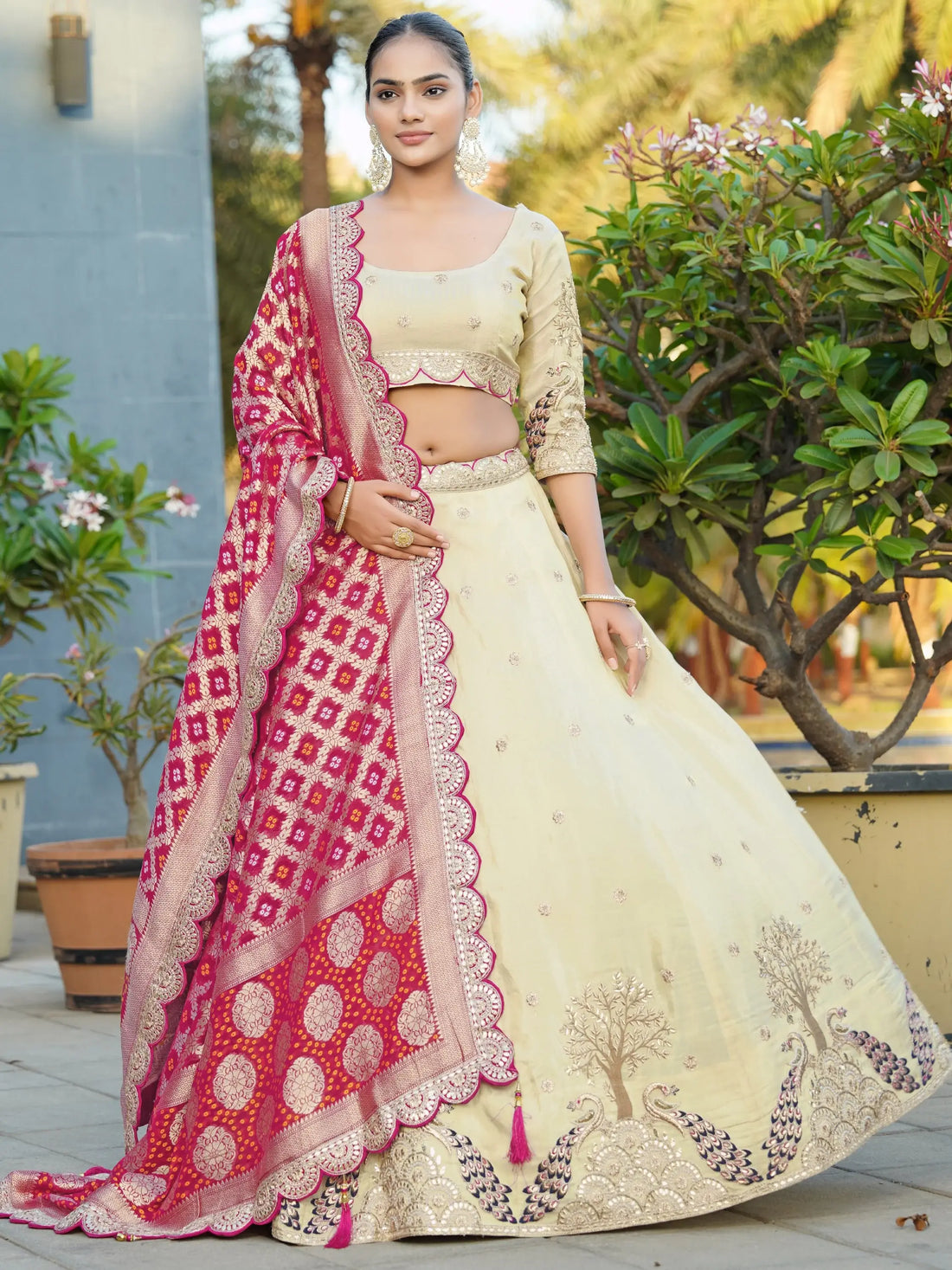 Enchanting Cream Coding Work Viscose Silk Bridesmaid Lehenga Choli - Zeel Clothing