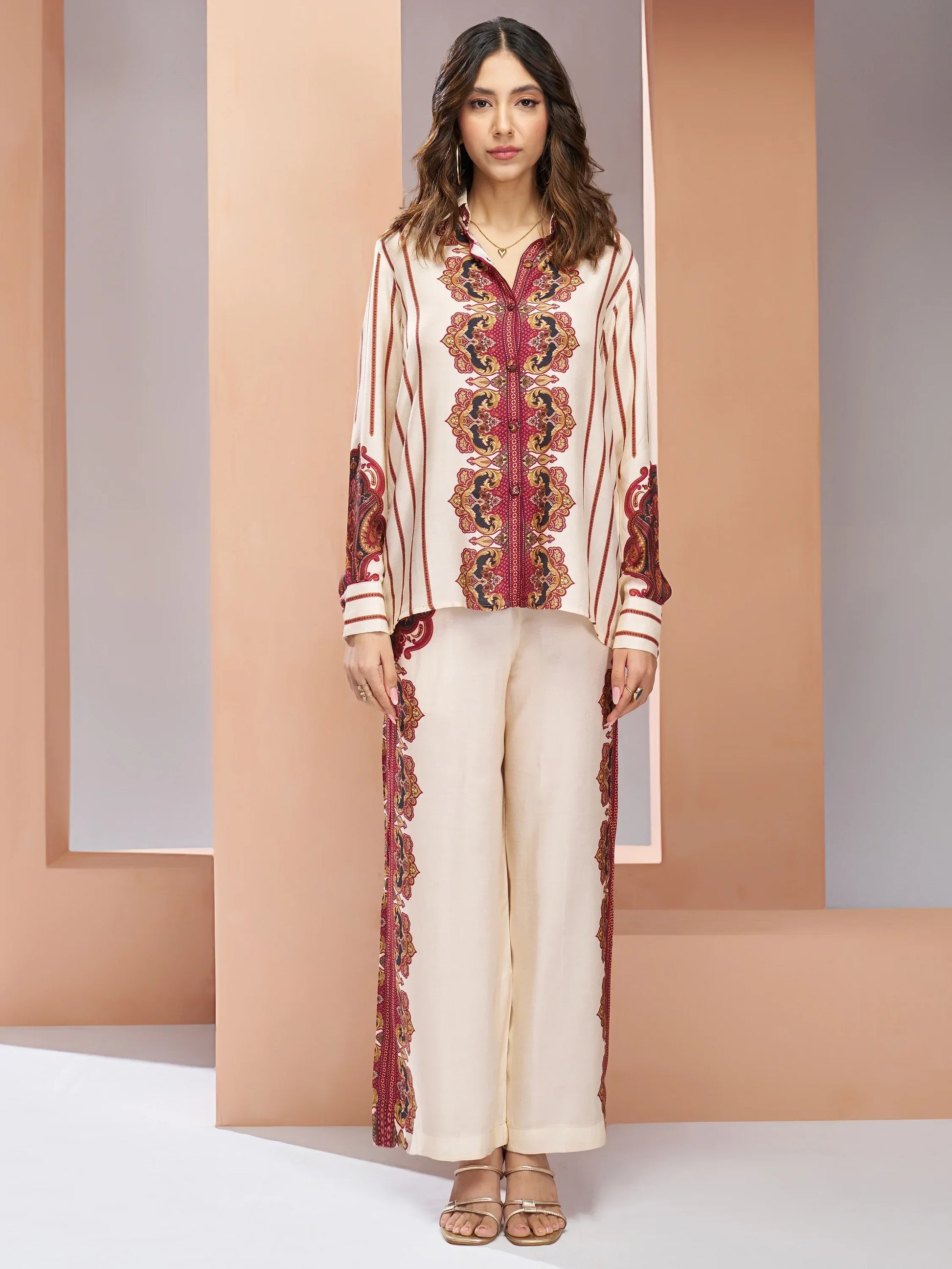 Enchanting Cream Digital Printed Muslin Silk Casual Wear Co-Ord Set - Zeel Clothing