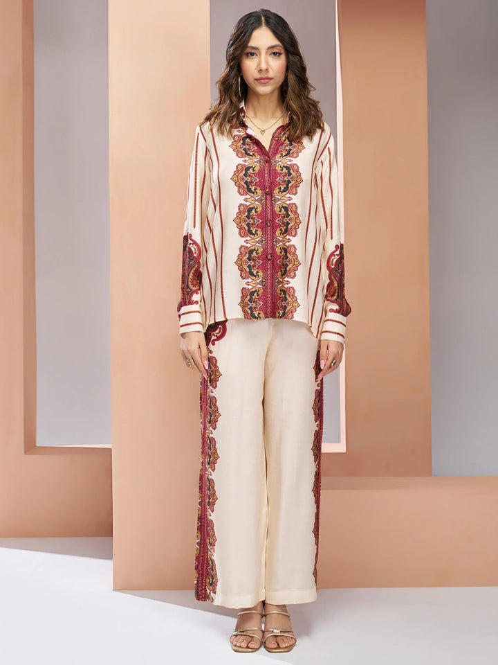 Enchanting Cream Digital Printed Muslin Silk Casual Wear Co-Ord Set - Zeel Clothing