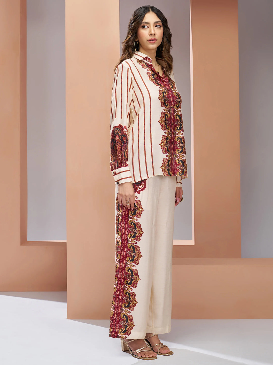 Enchanting Cream Digital Printed Muslin Silk Casual Wear Co-Ord Set - Zeel Clothing