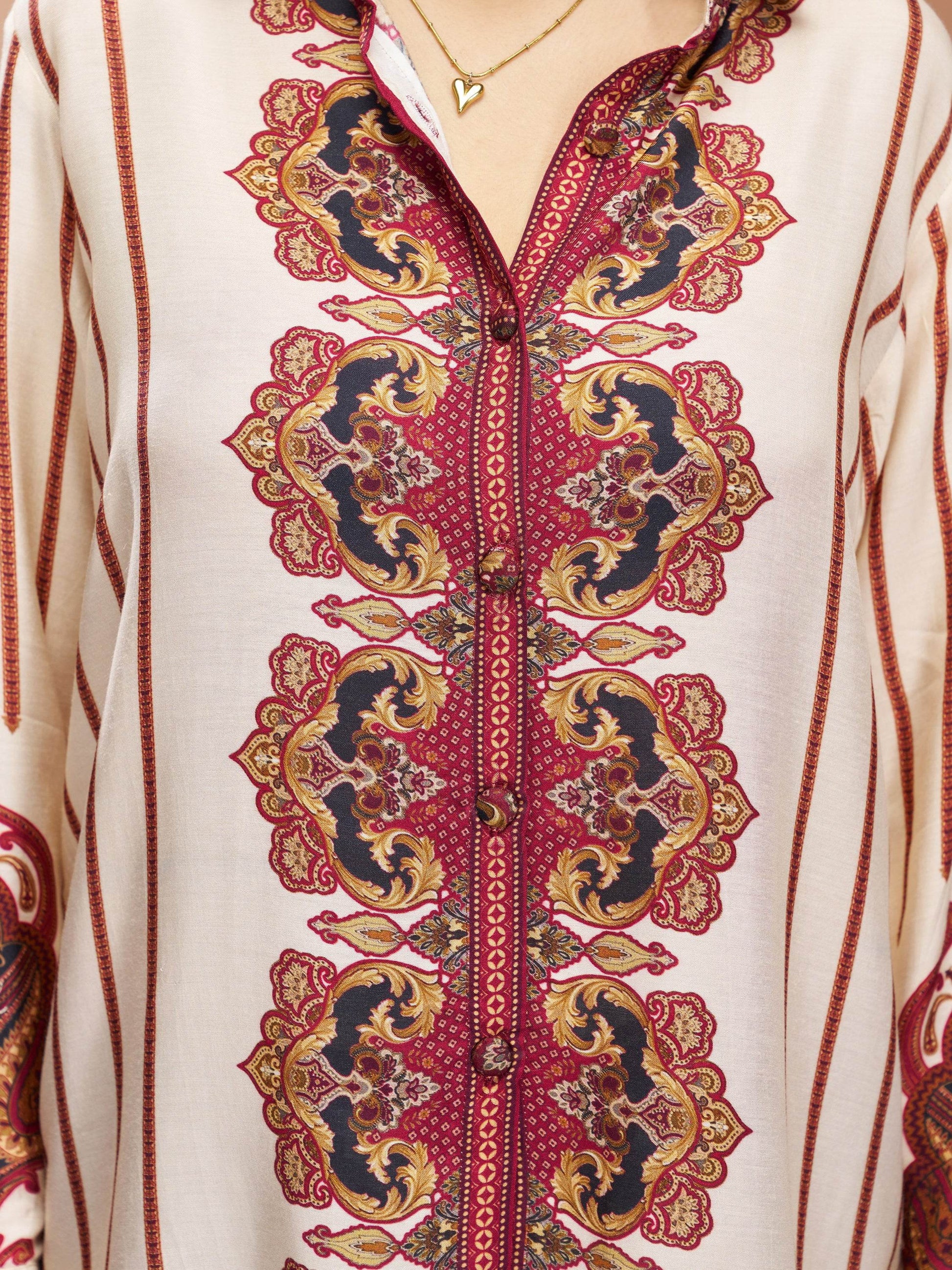Enchanting Cream Digital Printed Muslin Silk Casual Wear Co-Ord Set - Zeel Clothing