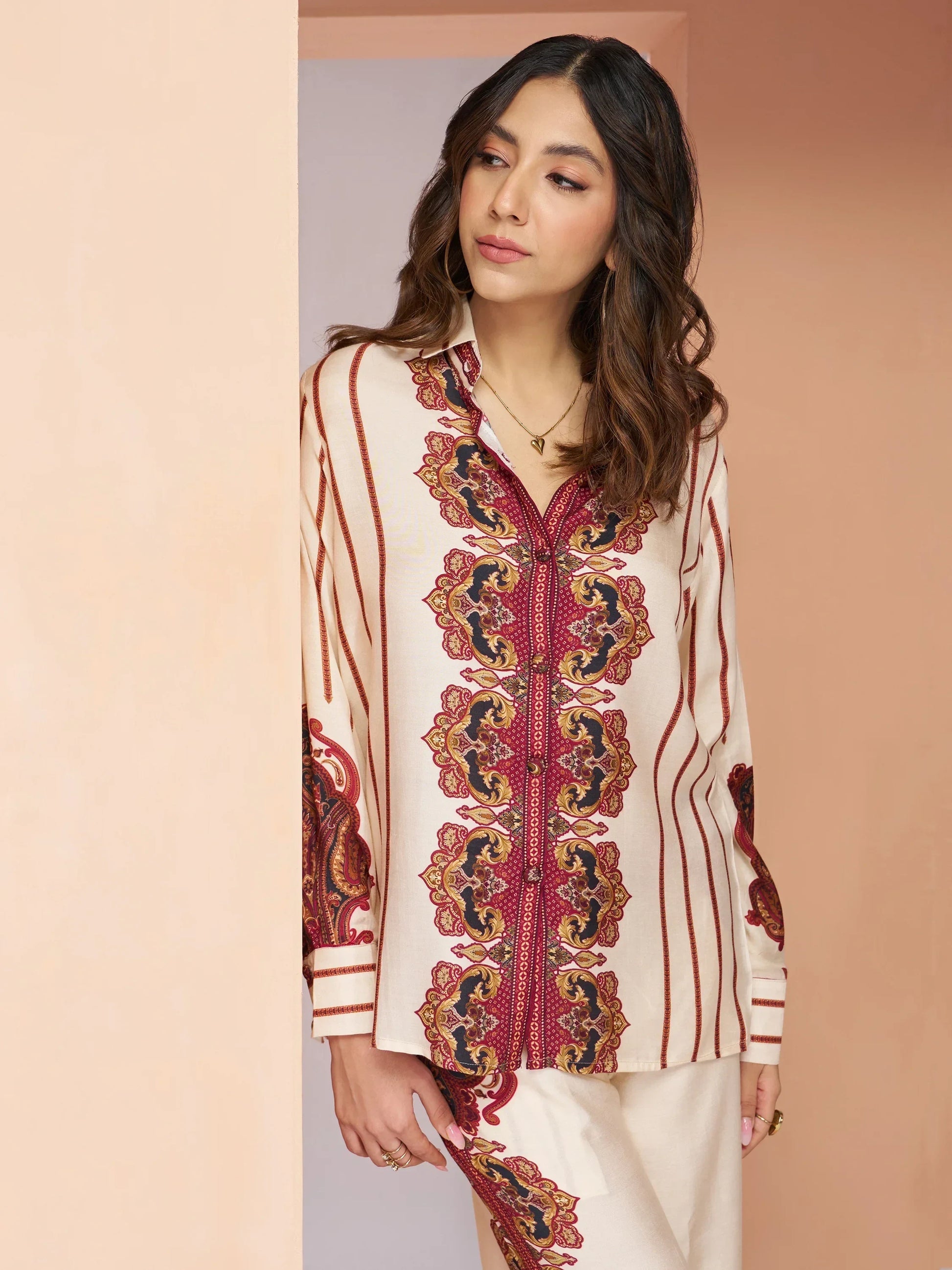 Enchanting Cream Digital Printed Muslin Silk Casual Wear Co-Ord Set - Zeel Clothing