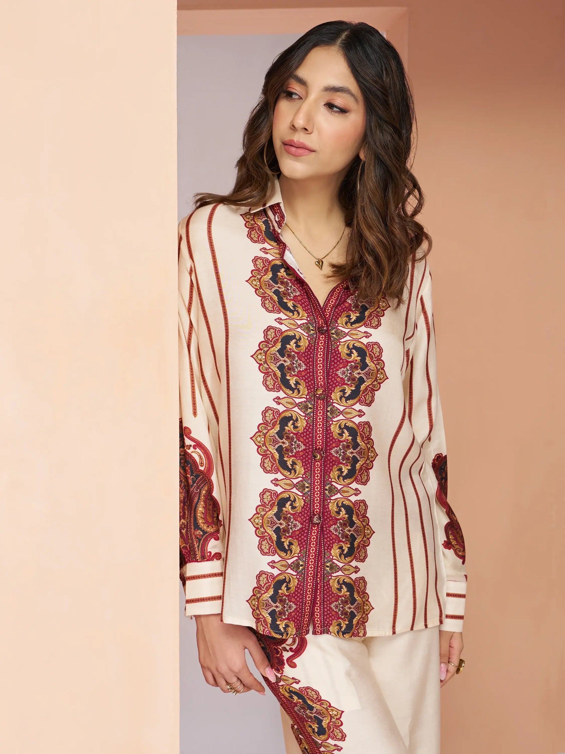 Enchanting Cream Digital Printed Muslin Silk Casual Wear Co-Ord Set - Zeel Clothing