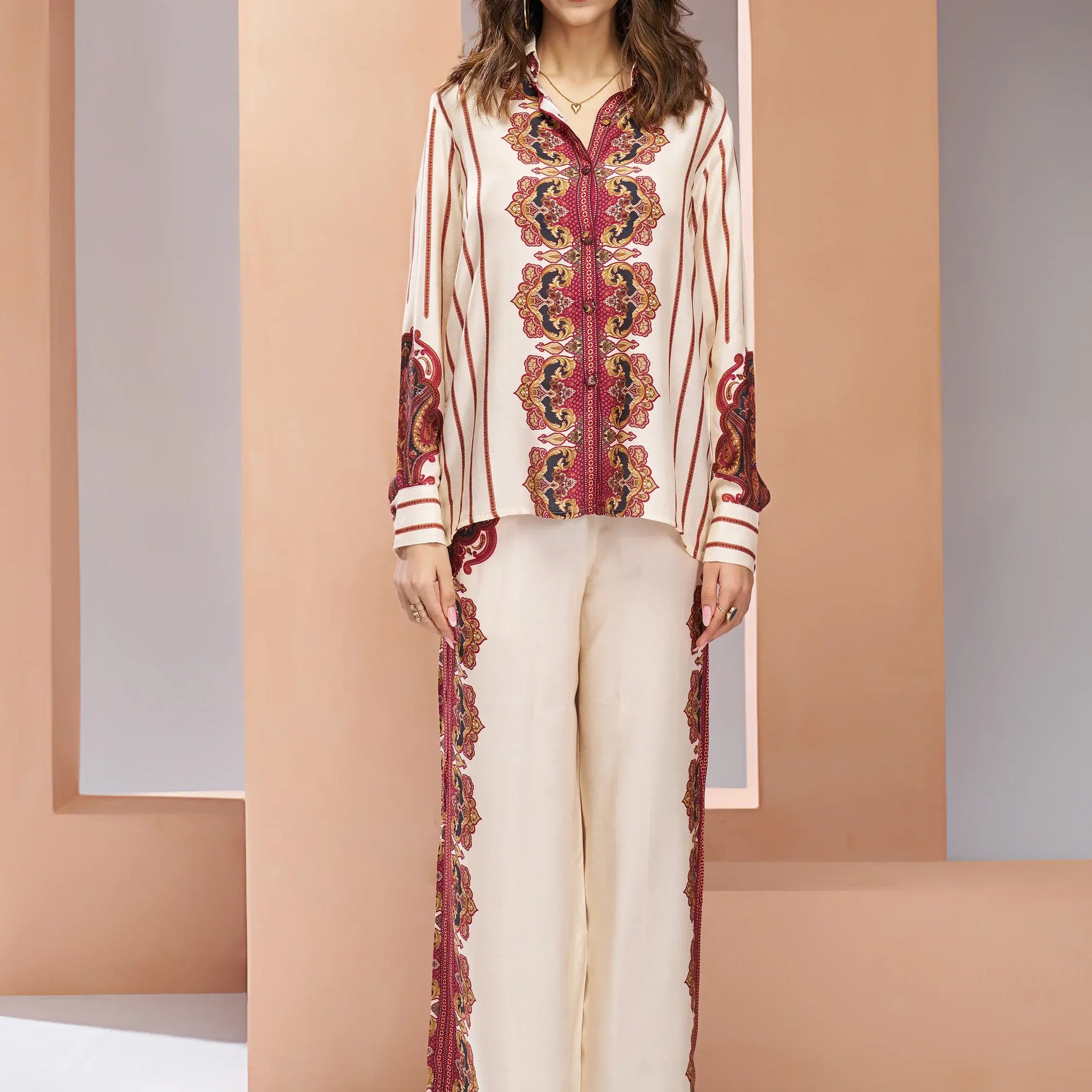 Enchanting Cream Digital Printed Muslin Silk Casual Wear Co-Ord Set - Zeel Clothing