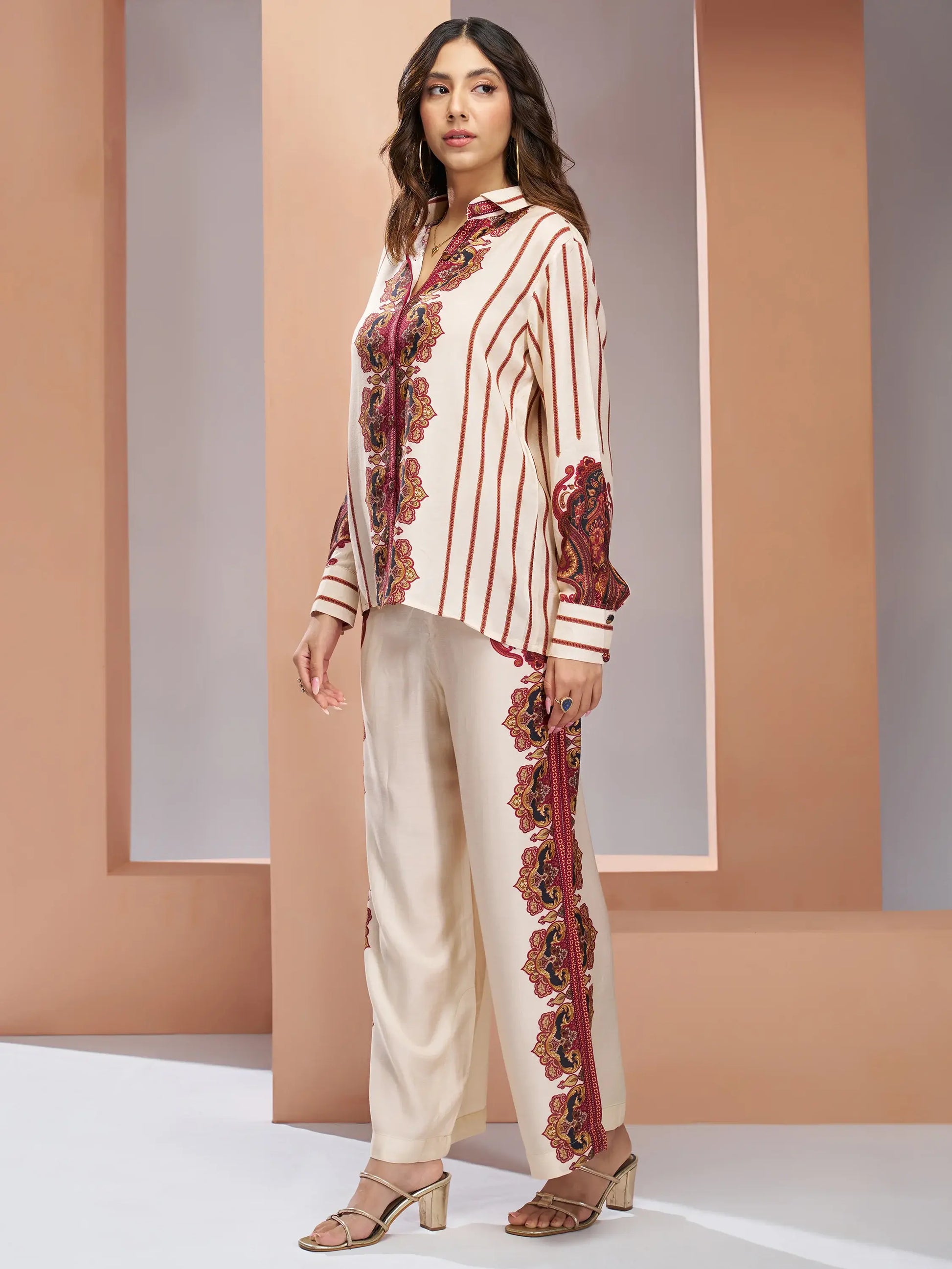 Enchanting Cream Digital Printed Muslin Silk Casual Wear Co-Ord Set - Zeel Clothing