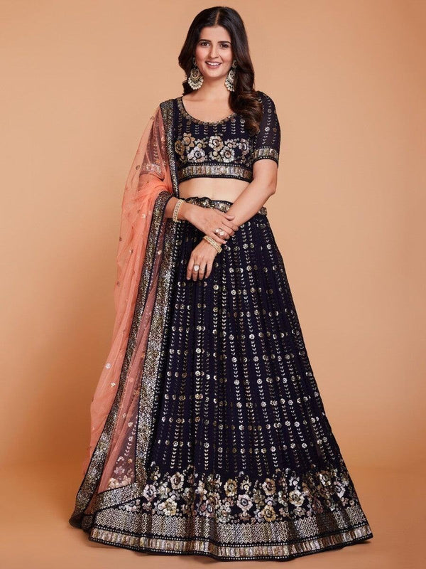 Enchanting Dark Blue Sequins Georgette Designer Lehenga Choli With Dupatta