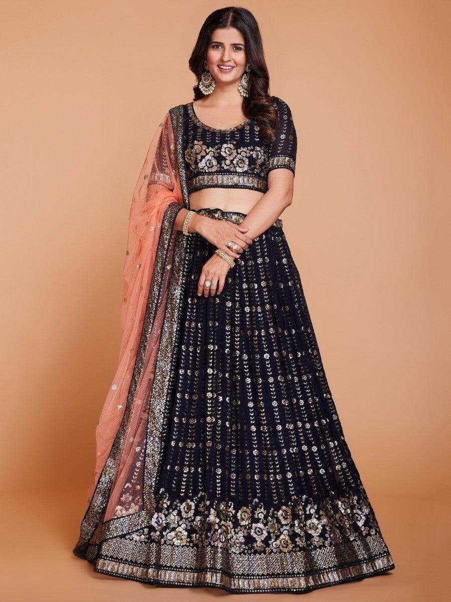 Enchanting Dark Blue Sequins Georgette Designer Lehenga Choli With Dupatta - Zeel Clothing