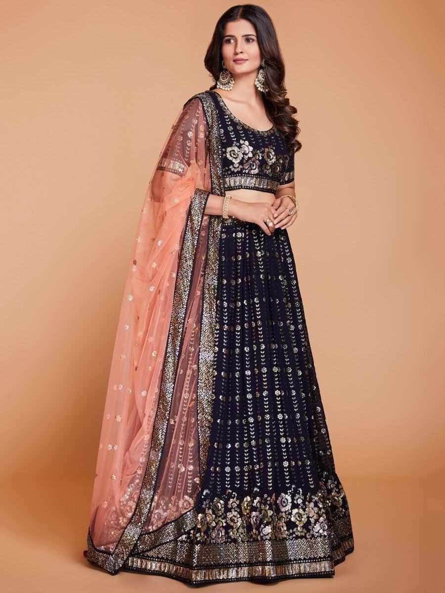 Enchanting Dark Blue Sequins Georgette Designer Lehenga Choli With Dupatta