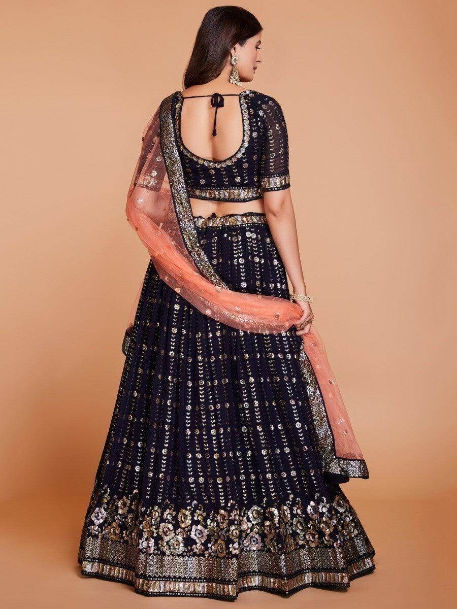Enchanting Dark Blue Sequins Georgette Designer Lehenga Choli With Dupatta - Zeel Clothing
