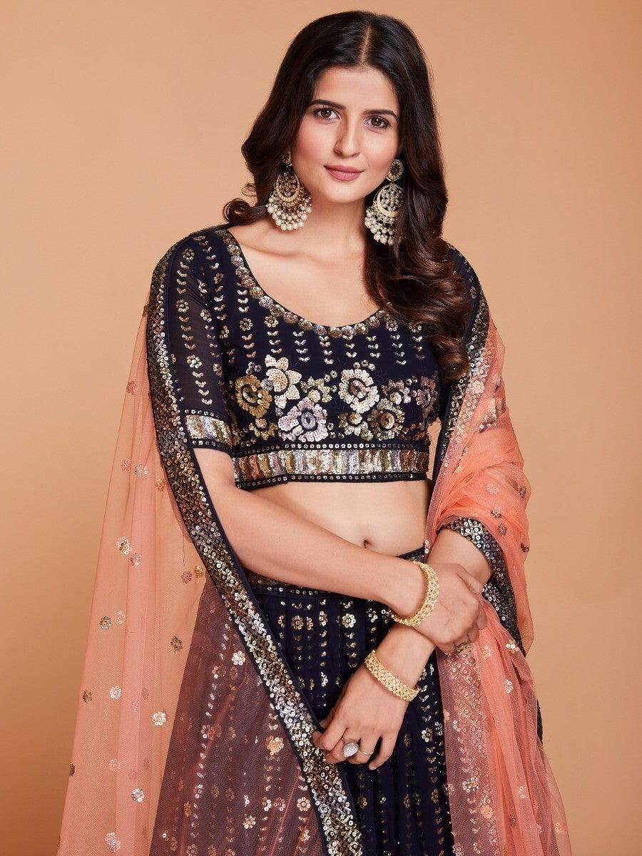 Enchanting Dark Blue Sequins Georgette Designer Lehenga Choli With Dupatta - Zeel Clothing