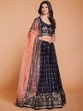 Enchanting Dark Blue Sequins Georgette Designer Lehenga Choli With Dupatta - Zeel Clothing