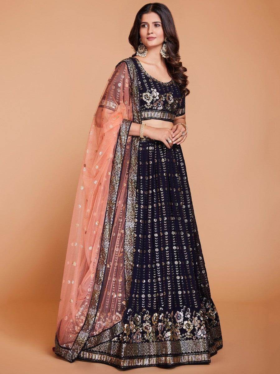 Enchanting Dark Blue Sequins Georgette Designer Lehenga Choli With Dupatta - Zeel Clothing