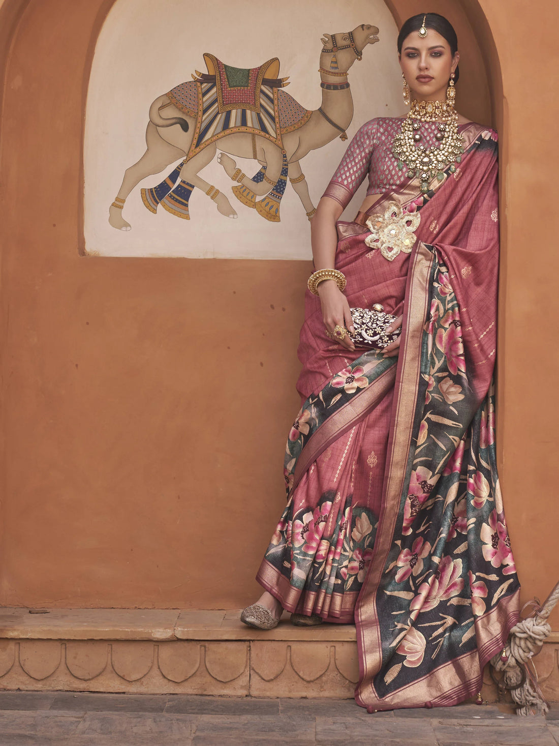 Enchanting Dark Pink Floral Printed Silk Reception Wear Saree With Blouse - Zeel Clothing