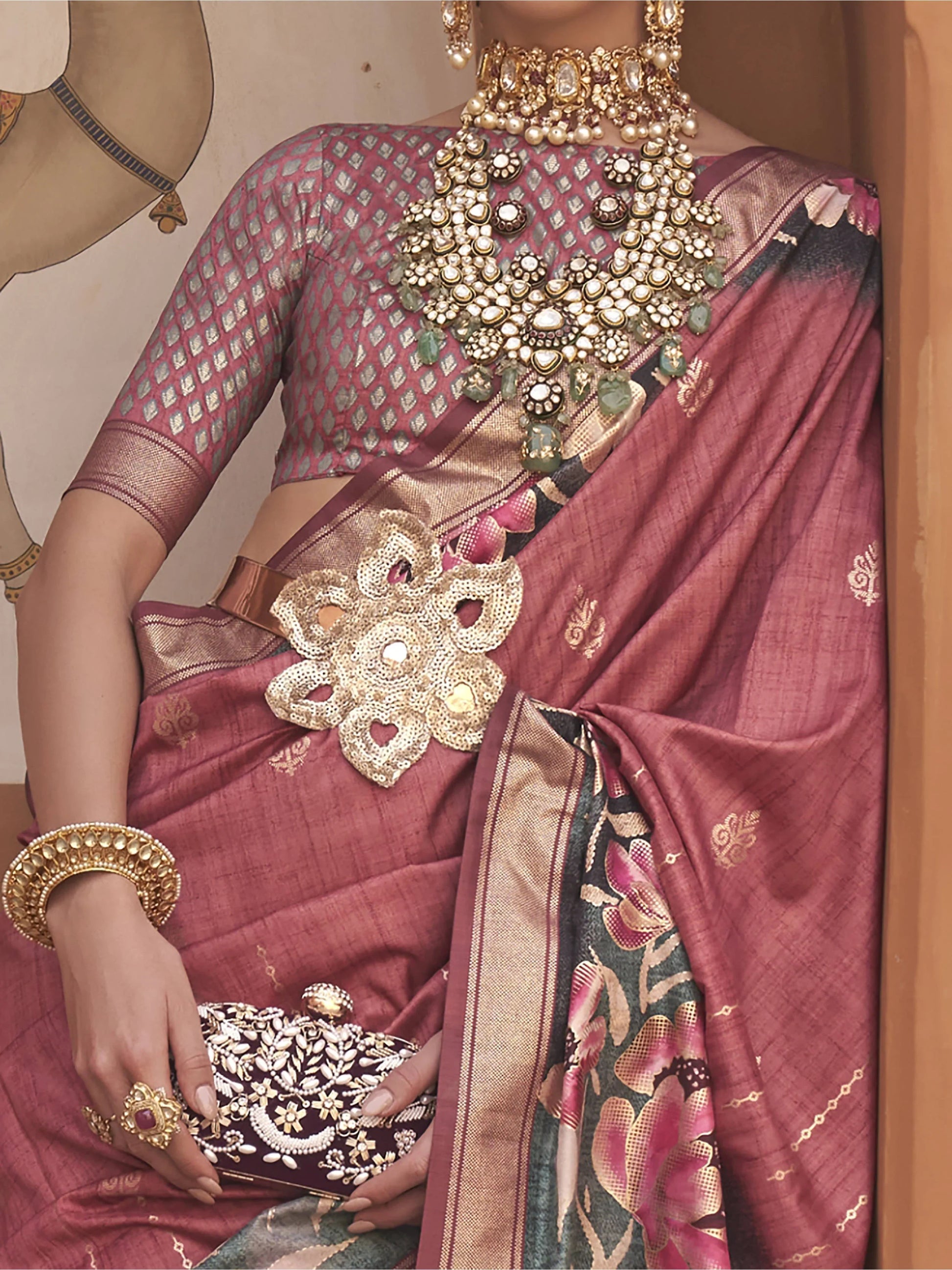 Enchanting Dark Pink Floral Printed Silk Reception Wear Saree With Blouse - Zeel Clothing