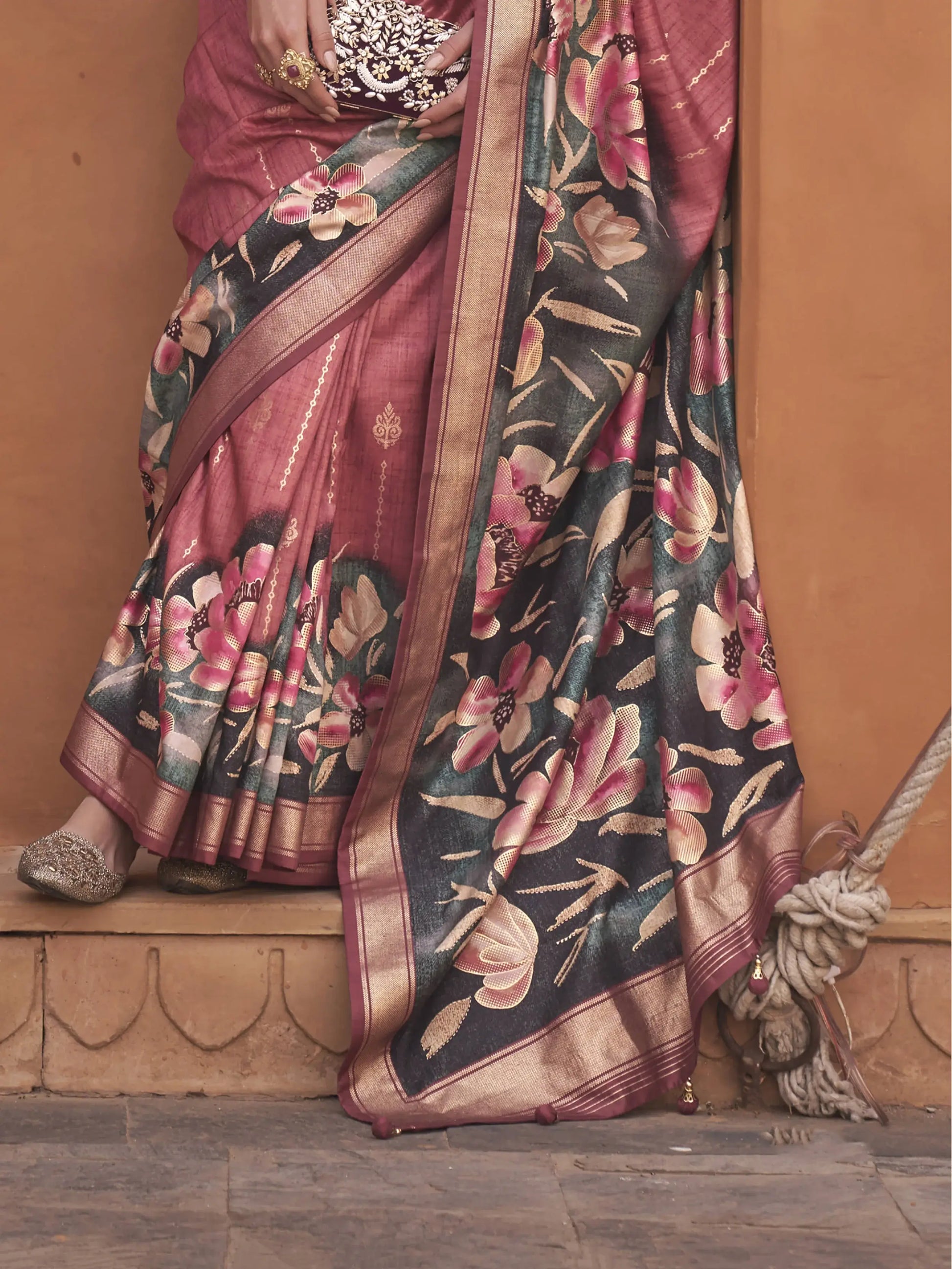 Enchanting Dark Pink Floral Printed Silk Reception Wear Saree With Blouse - Zeel Clothing