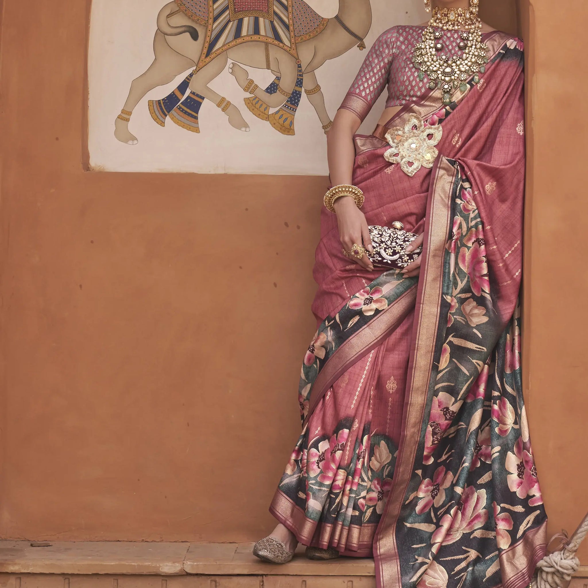 Enchanting Dark Pink Floral Printed Silk Reception Wear Saree With Blouse - Zeel Clothing