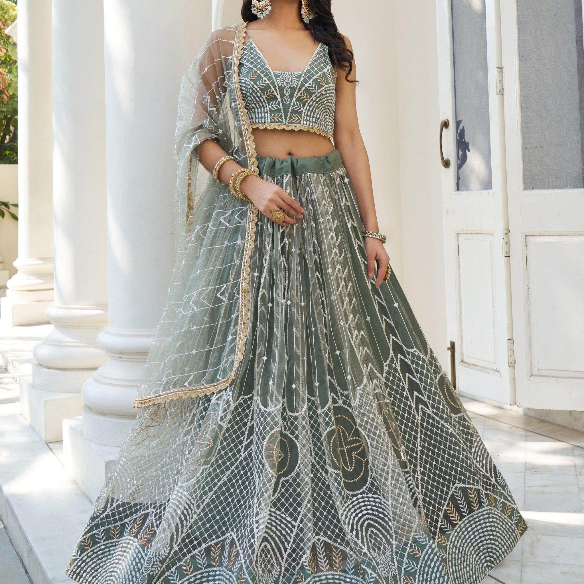 Enchanting Dusty Green Thread Work Net Bridesmaid Lehenga Choli - Zeel Clothing