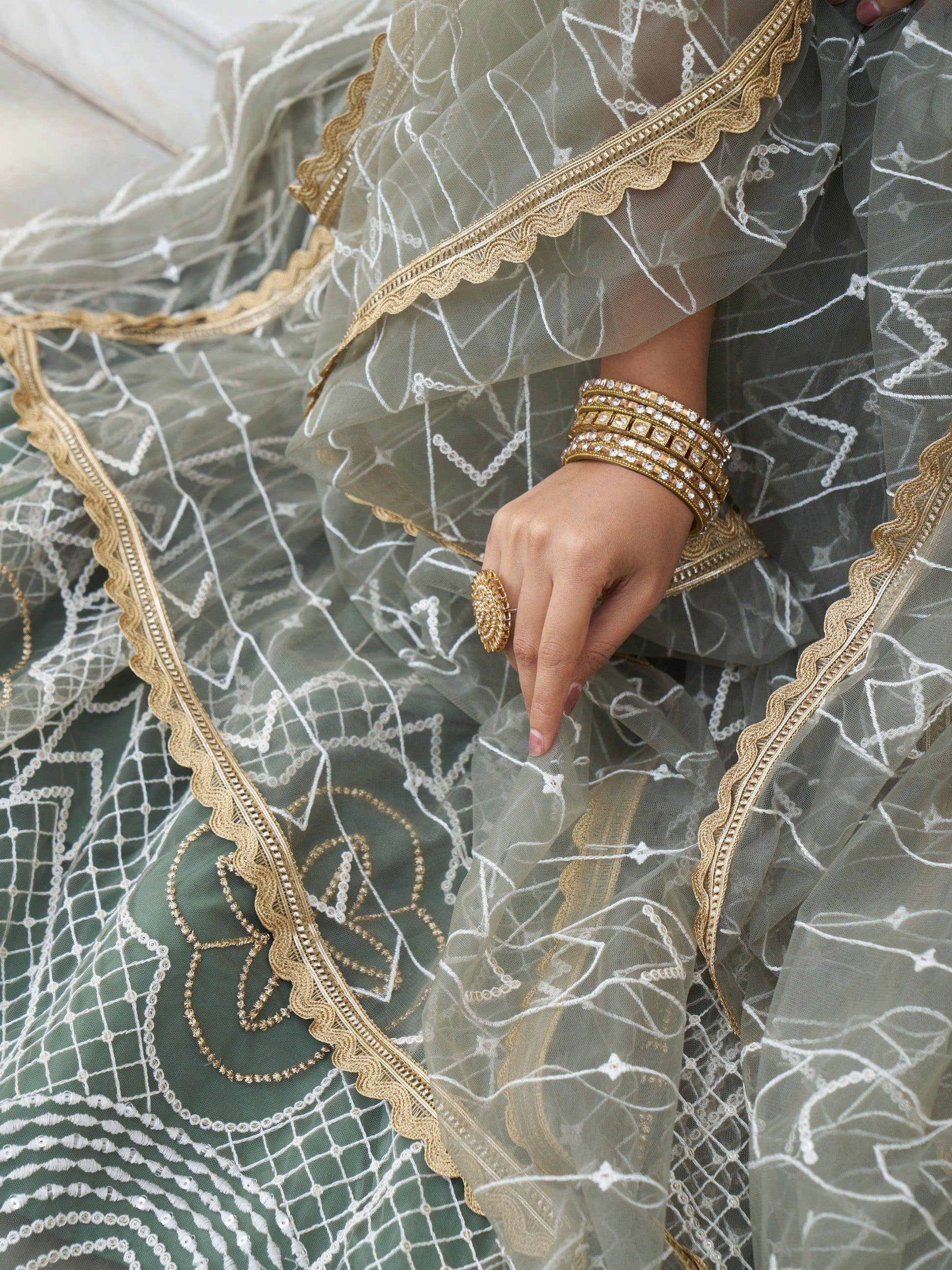 Enchanting Dusty Green Thread Work Net Bridesmaid Lehenga Choli - Zeel Clothing