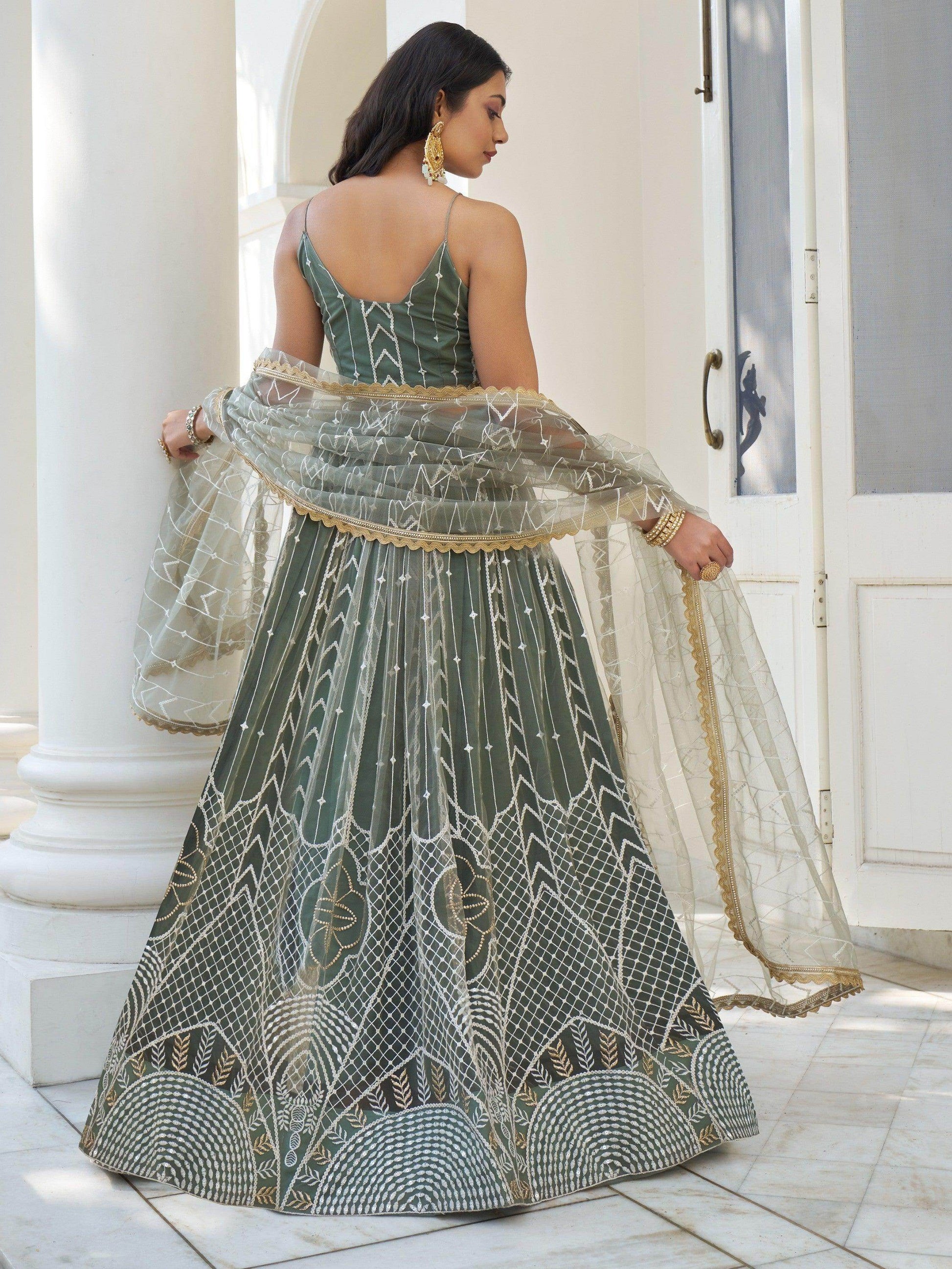 Enchanting Dusty Green Thread Work Net Bridesmaid Lehenga Choli - Zeel Clothing