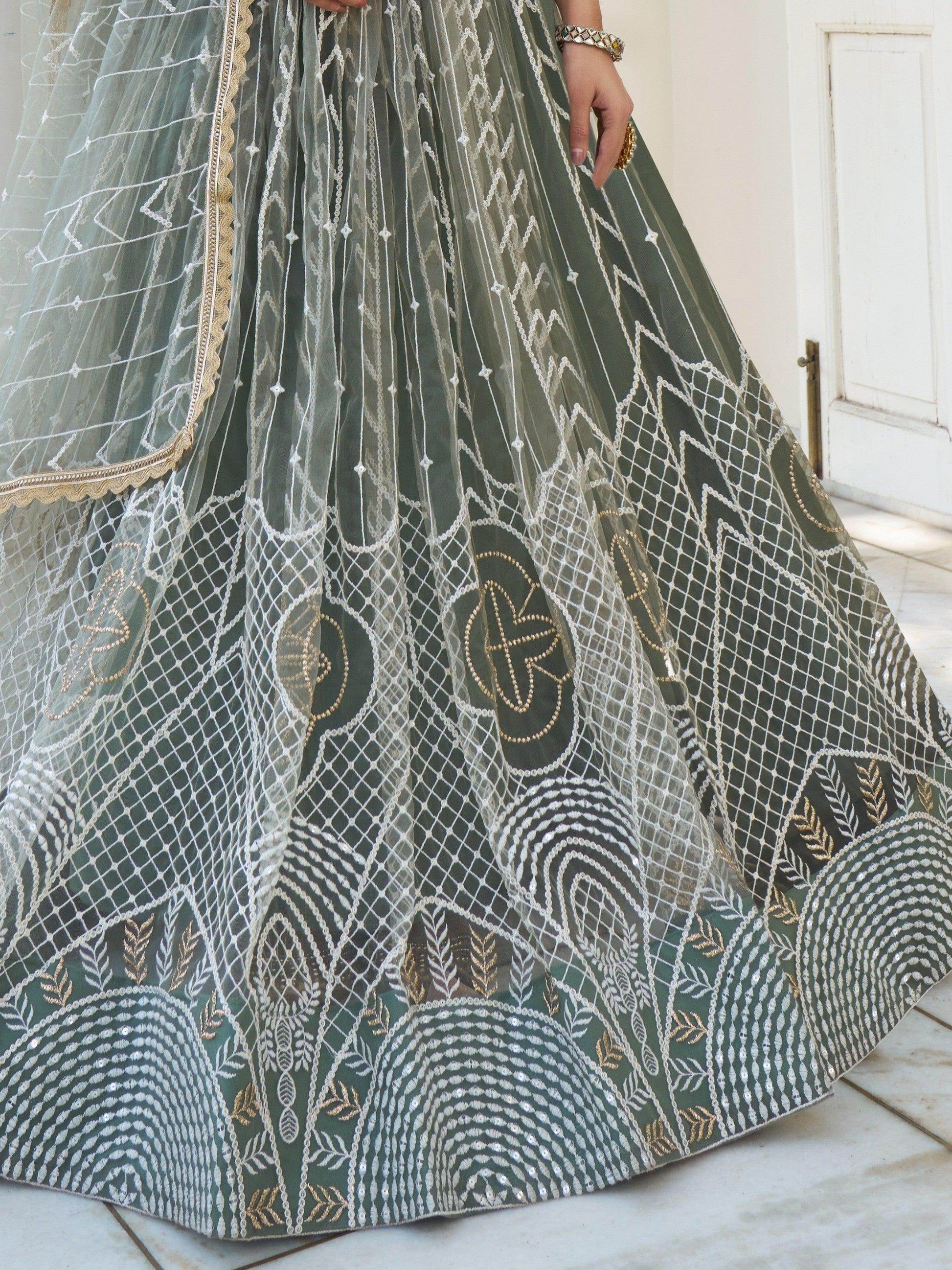 Enchanting Dusty Green Thread Work Net Bridesmaid Lehenga Choli - Zeel Clothing