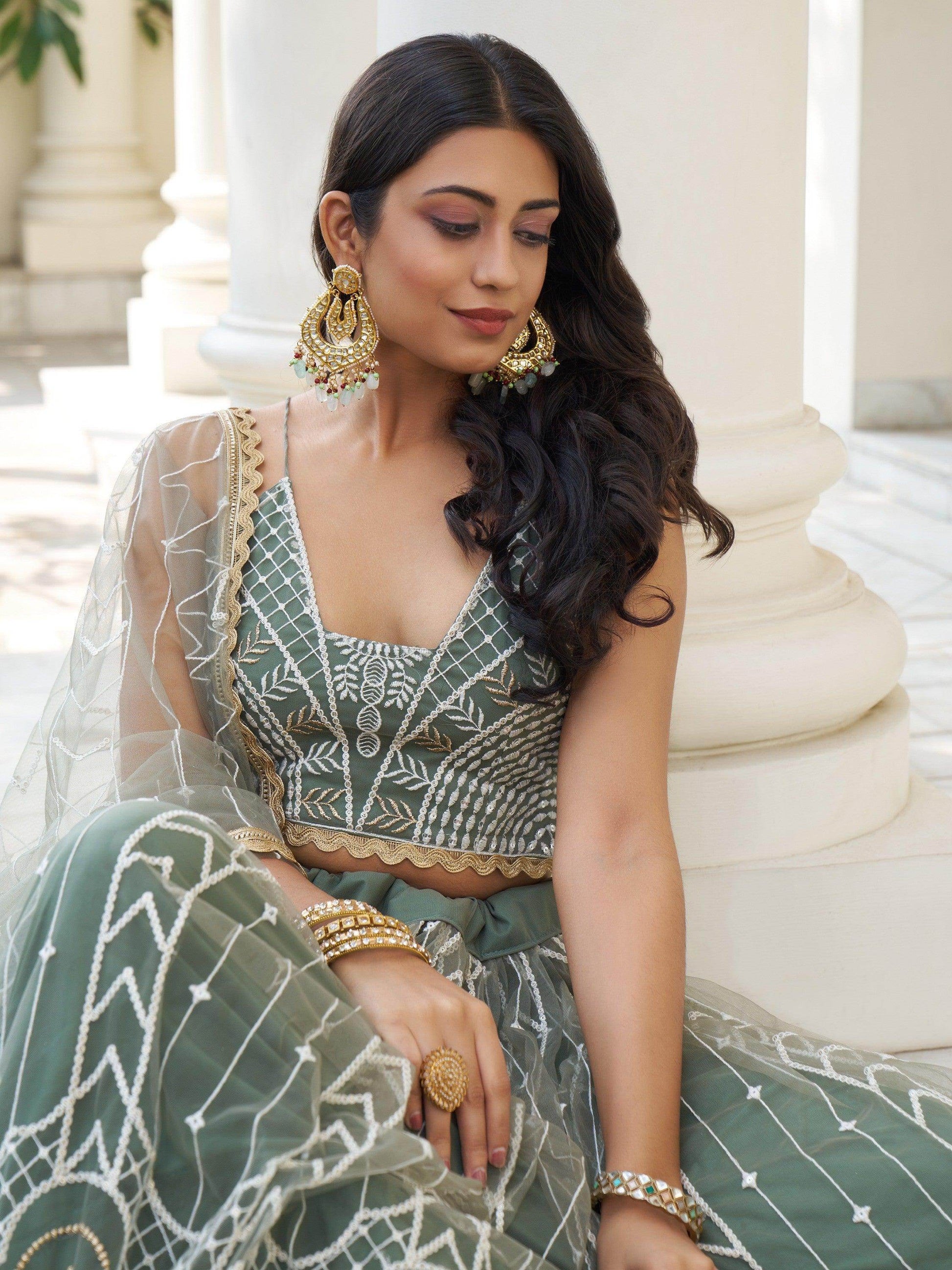 Enchanting Dusty Green Thread Work Net Bridesmaid Lehenga Choli - Zeel Clothing