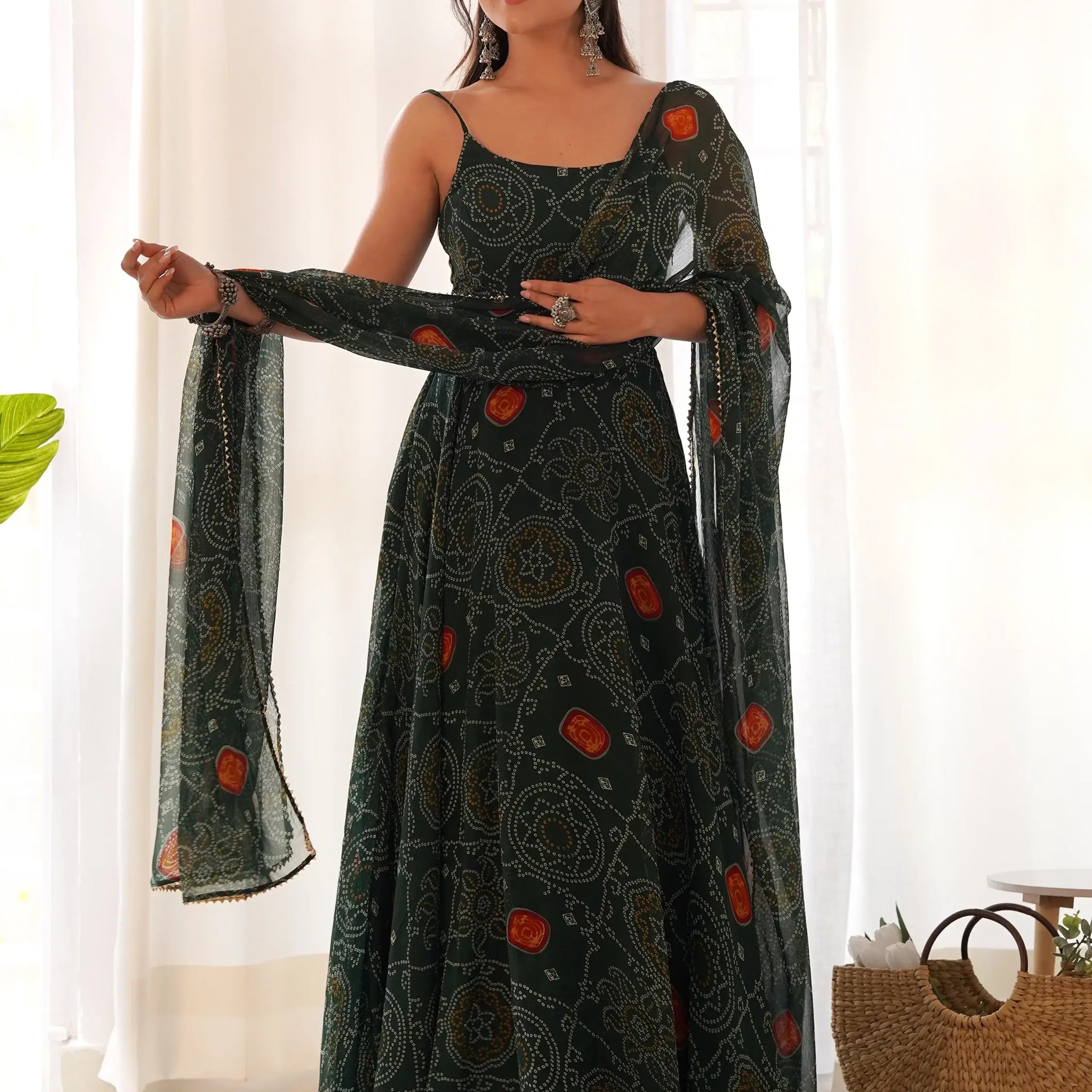 Enchanting Green Bandhani Printed Chiffon Traditional Gown - Zeel Clothing
