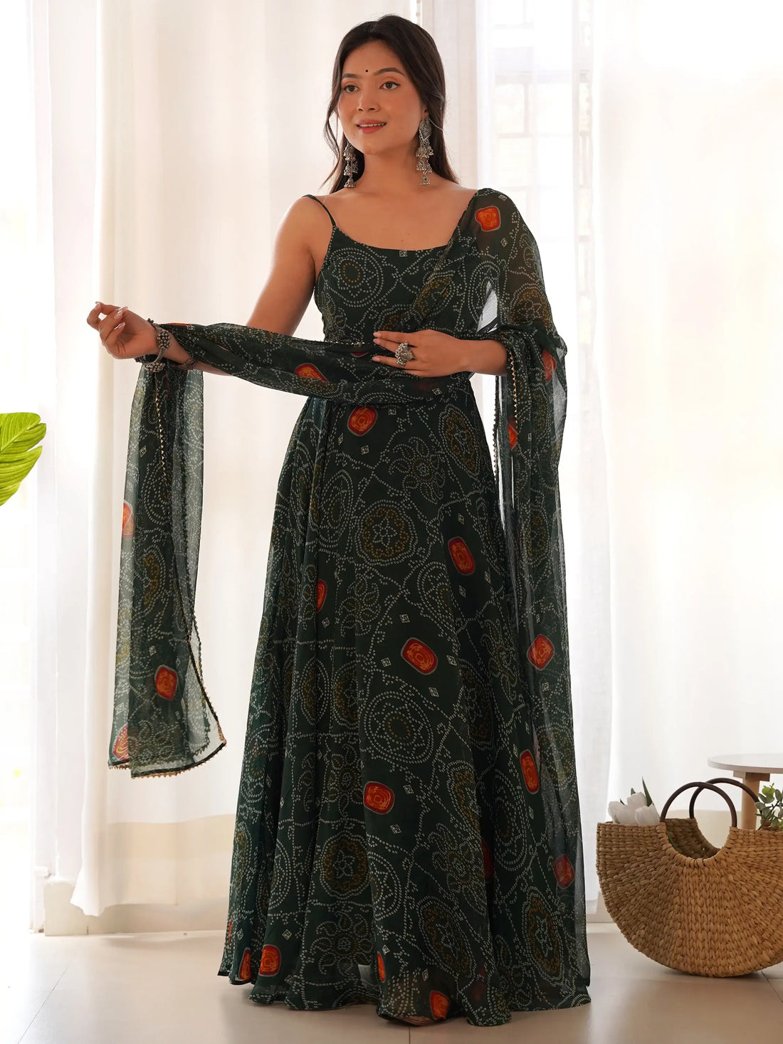 Enchanting Green Bandhani Printed Chiffon Traditional Gown - Zeel Clothing