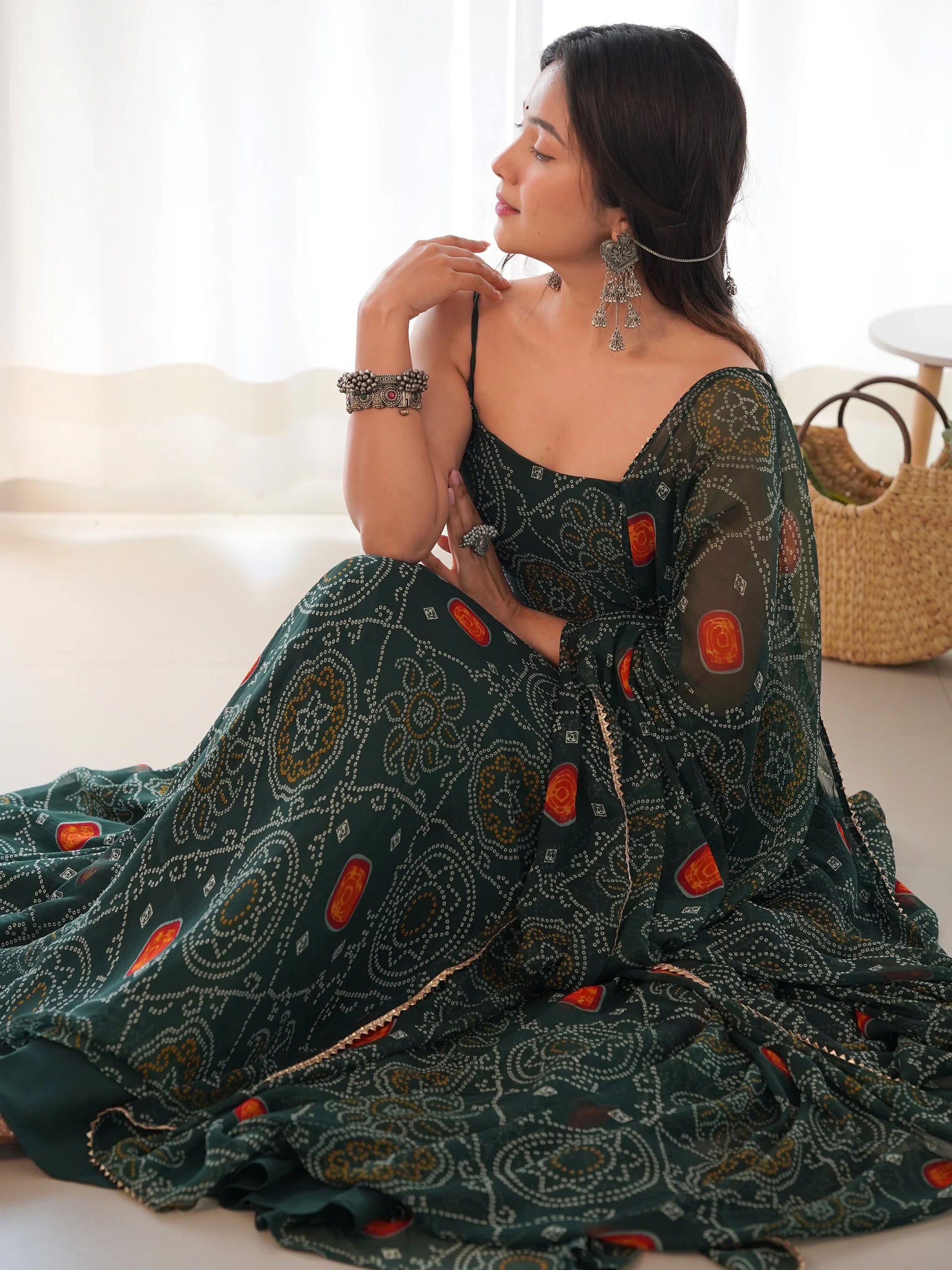 Enchanting Green Bandhani Printed Chiffon Traditional Gown - Zeel Clothing