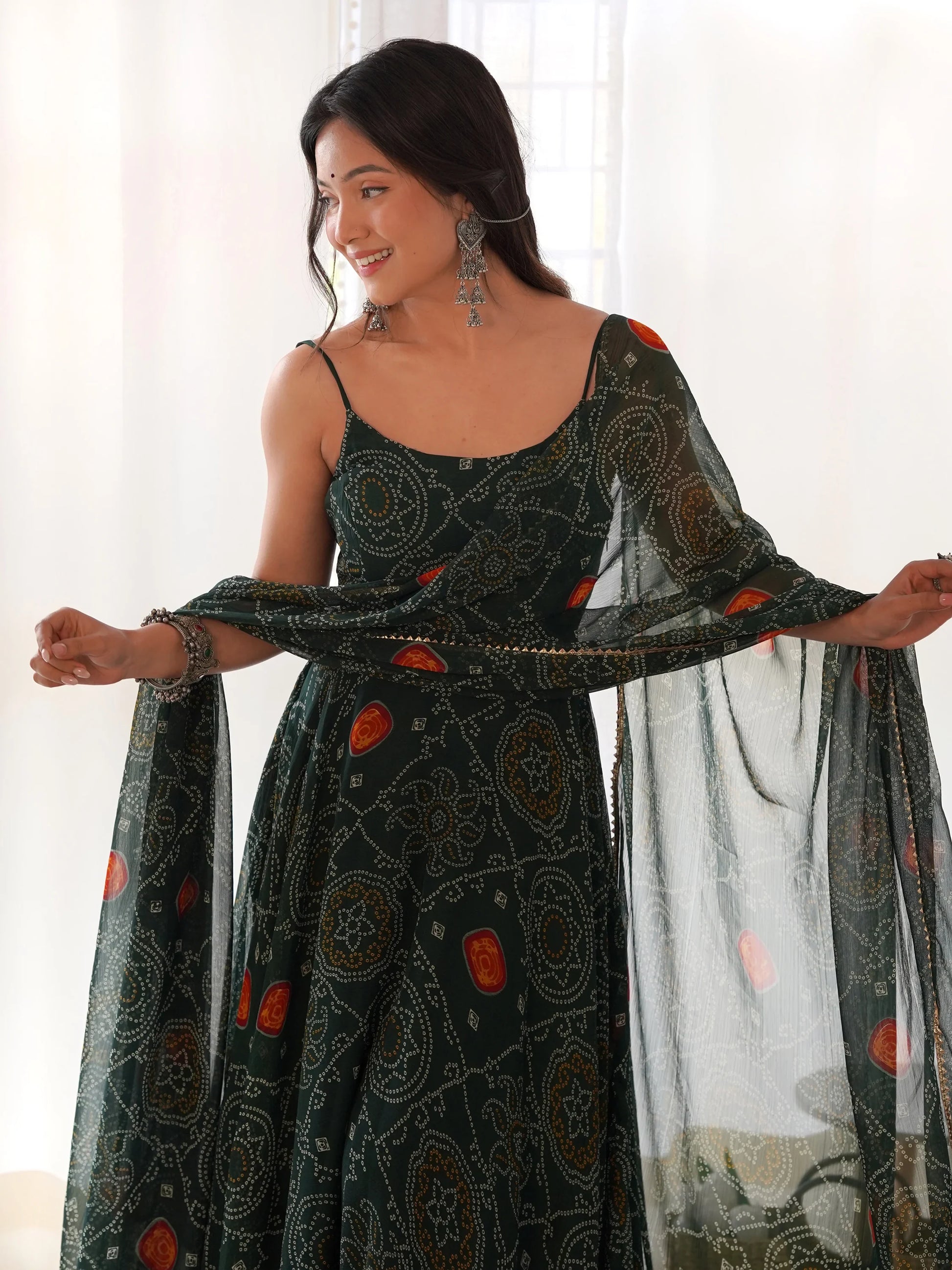 Enchanting Green Bandhani Printed Chiffon Traditional Gown - Zeel Clothing